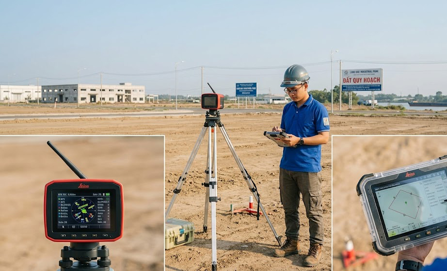 Máy GPS RTK GNSS 2 tần số Leica GS18 trên chân ba đang thu tín hiệu vệ tinh tại lô đất công nghiệp trống trải trong khu công nghiệp Long Đức huyện Long Thành Đồng Nai, kỹ sư đứng xem màn hình controller
