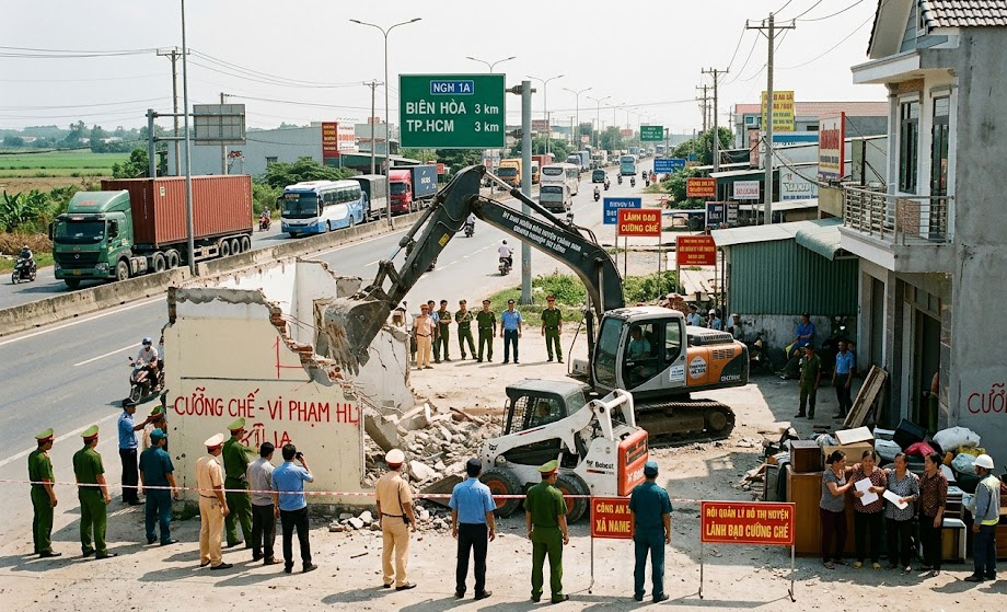 Công trình nhà ở mặt tiền quốc lộ bị cưỡng chế phá dỡ phần tường vi phạm hành lang an toàn đường bộ tại khu vực Trảng Bom Đồng Nai, ảnh chụp thực tế từ hiện trường