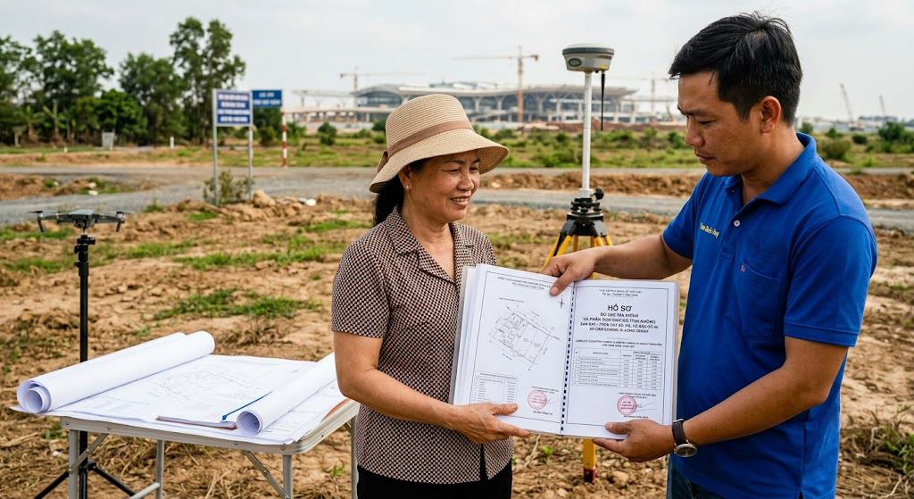 Kỹ sư trắc địa Đo Đạc Đồng Nai trao tận tay chủ đất tại xã Cẩm Đường huyện Long Thành bộ hồ sơ đo đạc địa chính hoàn chỉnh có dấu đỏ đơn vị đo đạc và kết quả phân tích cao độ tĩnh không sân bay