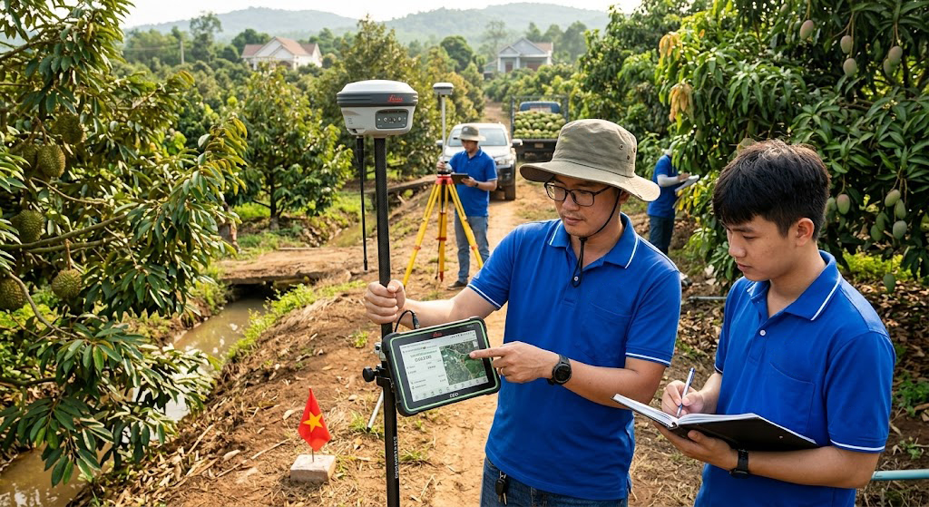 Đội kỹ sư Đo Đạc Đồng Nai đang thực hiện đo đạc thực địa tại khu vực đất nông nghiệp huyện Thống Nhất, sử dụng bộ máy GNSS RTK Leica GS18 kết nối VietCORS trong điều kiện thực địa vườn cây