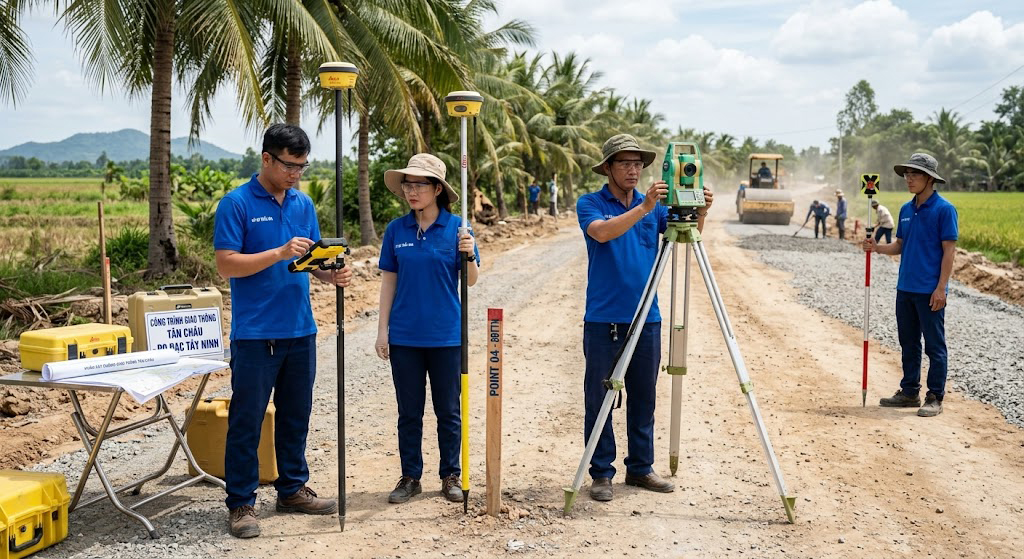Đội ngũ kỹ sư trắc địa Đo Đạc Tây Ninh trong bộ đồng phục tác nghiệp, cầm máy GPS RTK Leica và máy toàn đạc điện tử Topcon tại điểm tập kết khảo sát công trình đường giao thông nông thôn tại huyện Tân Châu, Tây Ninh