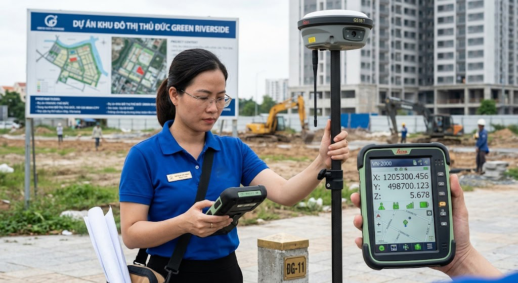 Kỹ sư trắc địa dùng máy định vị vệ tinh GNSS RTK hai tần số Leica GS18 đo đạc ranh đất tại một dự án ở TP. Thủ Đức TP.HCM, màn hình controller hiển thị tọa độ VN-2000 thời gian thực