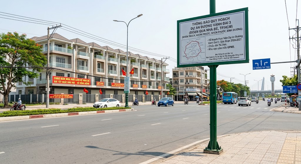 Ảnh chụp thực tế khu vực giao lộ tại Nhà Bè TP.HCM có gắn biển thông báo quy hoạch dự án đường Vành Đai 3, phía sau là hàng nhà phố liên kế đang được chào bán