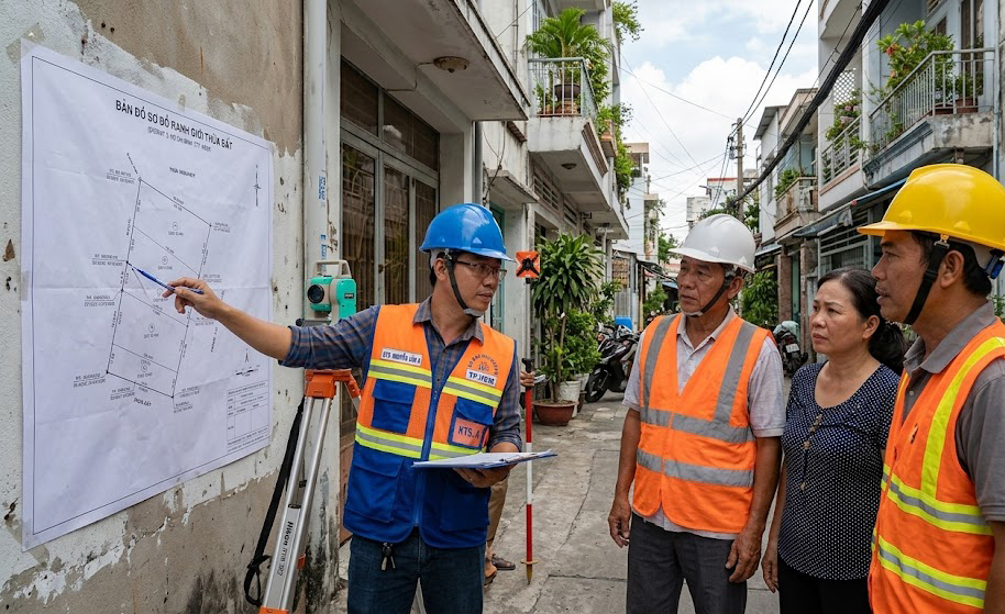 Kỹ sư trắc địa và đại diện hai hộ gia đình đứng cùng nhau tại hẻm Quận 3 TP.HCM, cùng xem xét bản sơ đồ ranh giới thửa đất in khổ A1 trải trên tường, đội mũ bảo hộ và mặc áo phản quang
