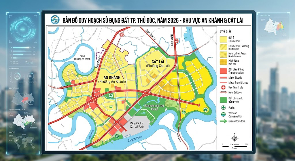 Bản đồ quy hoạch sử dụng đất TP. Thủ Đức năm 2026 thể hiện các vùng đất màu vàng (đất ở), màu đỏ (đất giao thông), màu xanh (đất cây xanh công viên) tại khu vực An Khánh, Cát Lái