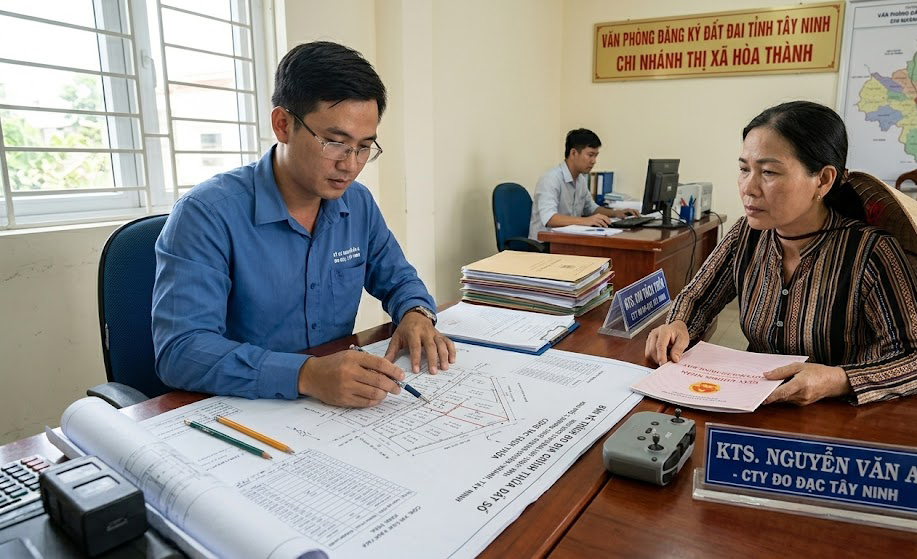 Chủ đất và kỹ sư Đo Đạc Tây Ninh đang đối chiếu hồ sơ bản vẽ trích đo địa chính tại bàn làm việc chuẩn bị nộp hồ sơ tách thửa tại Văn phòng Đăng ký đất đai thị xã Hòa Thành, Tây Ninh