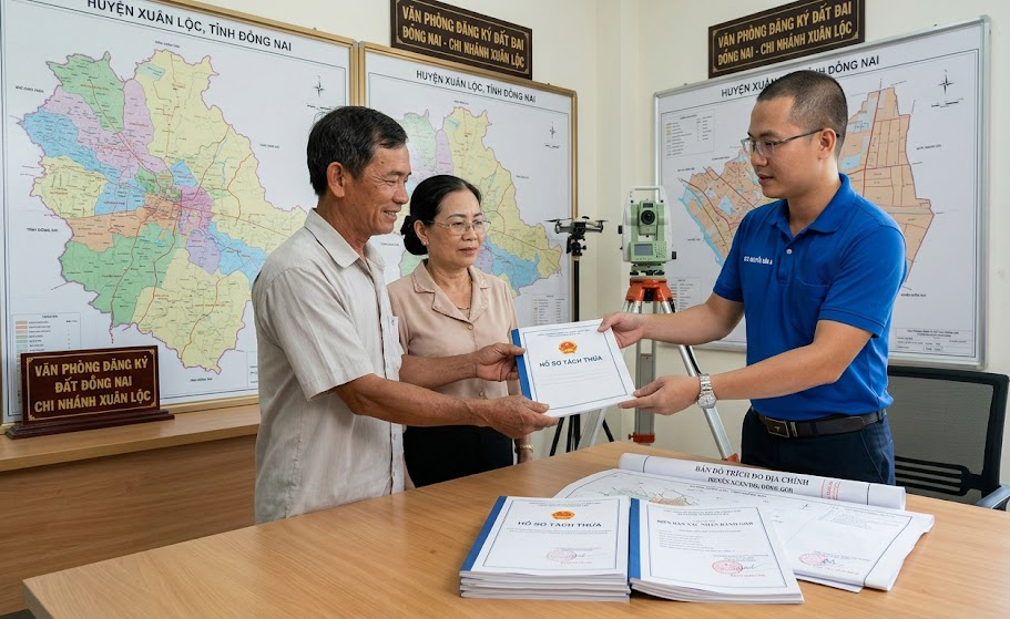 Kỹ sư Đo Đạc Đồng Nai bàn giao hồ sơ kỹ thuật tách thửa đất nông nghiệp hoàn chỉnh cho chủ đất tại huyện Xuân Lộc Đồng Nai bao gồm bản đồ trích đo địa chính và biên bản xác nhận ranh giới