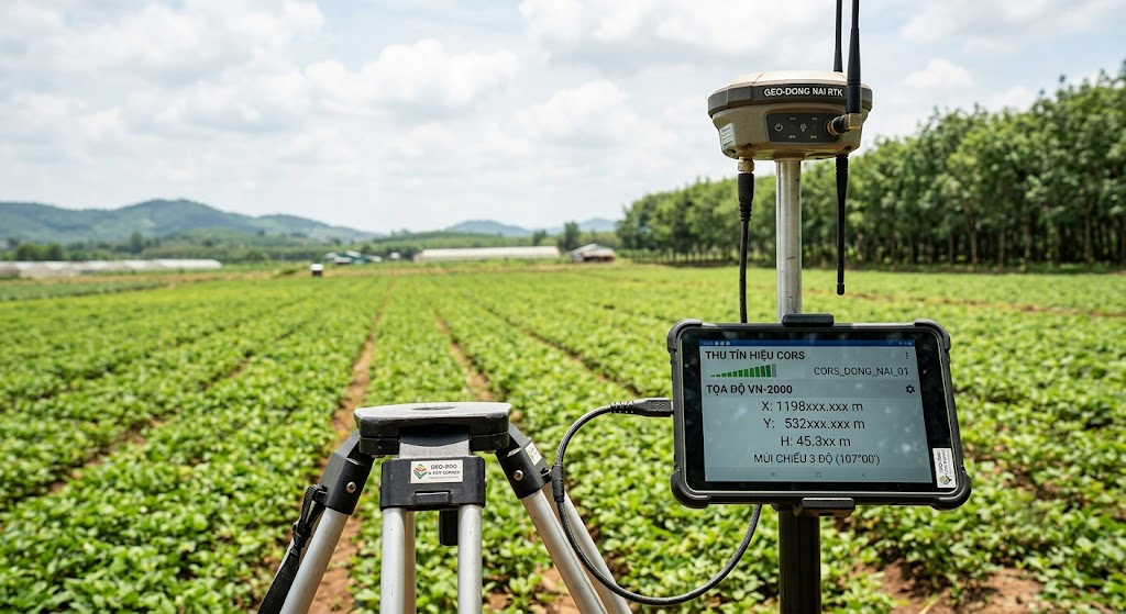 Máy định vị vệ tinh GPS RTK hai tần số đang thu tín hiệu trạm CORS tại khu đất nông nghiệp huyện Xuân Lộc Đồng Nai, màn hình hiển thị tọa độ VN-2000 múi chiếu 3 độ