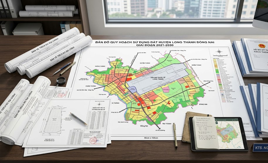 Bản đồ quy hoạch sử dụng đất huyện Long Thành Đồng Nai giai đoạn 2021-2030 được in khổ lớn, đặt trên bàn làm việc cùng với các bản vẽ trích đo địa chính và hồ sơ kỹ thuật tách thửa đất
