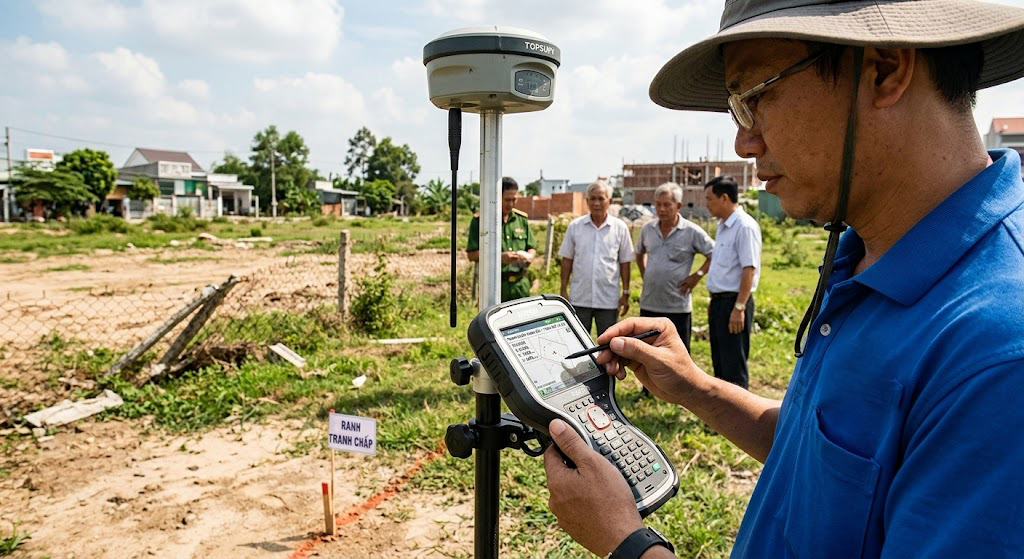 Kỹ sư trắc địa sử dụng máy định vị vệ tinh GPS RTK hai tần số kết nối trạm CORS đo đạc ranh đất tại một thửa đất tranh chấp ở huyện Bình Chánh TP.HCM