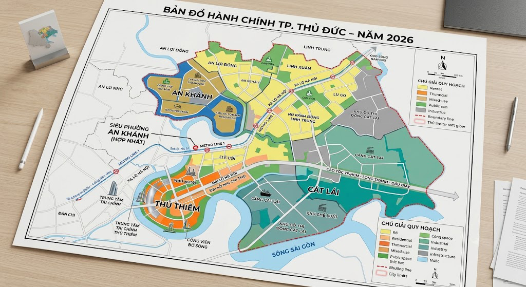 Bản đồ hành chính TP. Thủ Đức năm 2026 thể hiện ranh giới các siêu phường mới hợp nhất như An Khánh, Cát Lái, Thủ Thiêm với các vùng màu sắc quy hoạch khác nhau