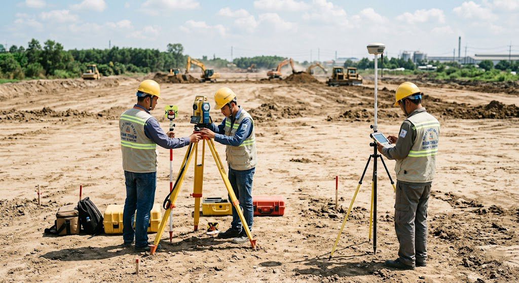 Đội kỹ thuật Đo Đạc Bình Thuận gồm 3 kỹ sư trắc địa đang triển khai thiết bị GNSS RTK và máy toàn đạc điện tử tại khu vực đo vẽ bản đồ địa hình tại huyện Nhơn Trạch, Đồng Nai – nền đất trống chuẩn bị san lấp mặt bằng dự án