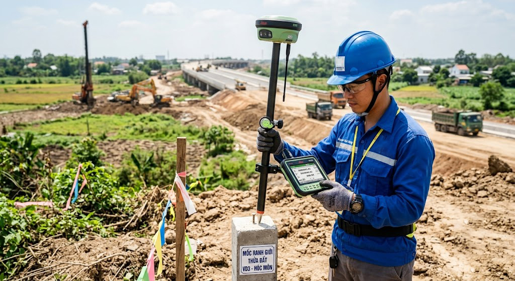 Kỹ sư trắc địa vận hành máy định vị vệ tinh GNSS RTK Leica GS18 đo tọa độ mốc ranh giới thửa đất tại khu vực dự án Vành đai 3 đoạn qua huyện Hóc Môn TP.HCM