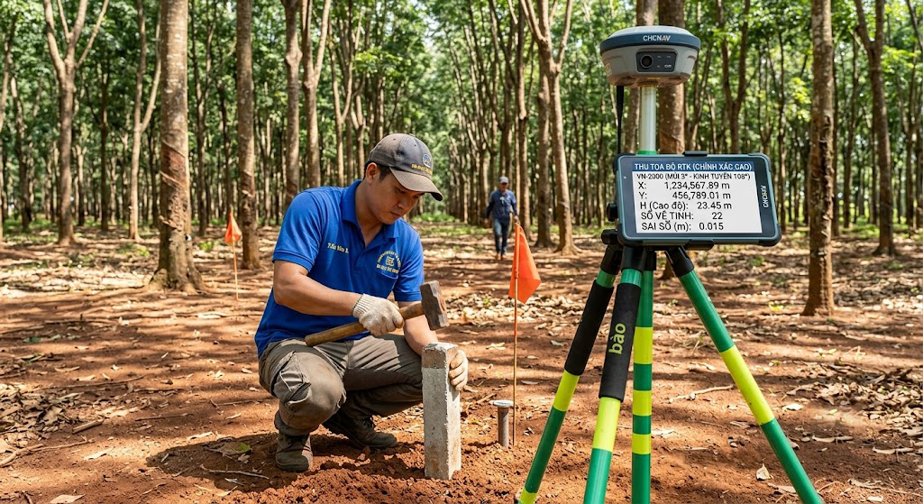 Kỹ sư đo đạc Đo Đạc Tây Ninh đang thao tác cắm mốc tọa độ tại thực địa thửa đất vườn cao su huyện Gò Dầu, bên cạnh là thiết bị thu GNSS RTK gắn trên bộ tay cầm bào, màn hình hiển thị tọa độ VN-2000 rõ nét