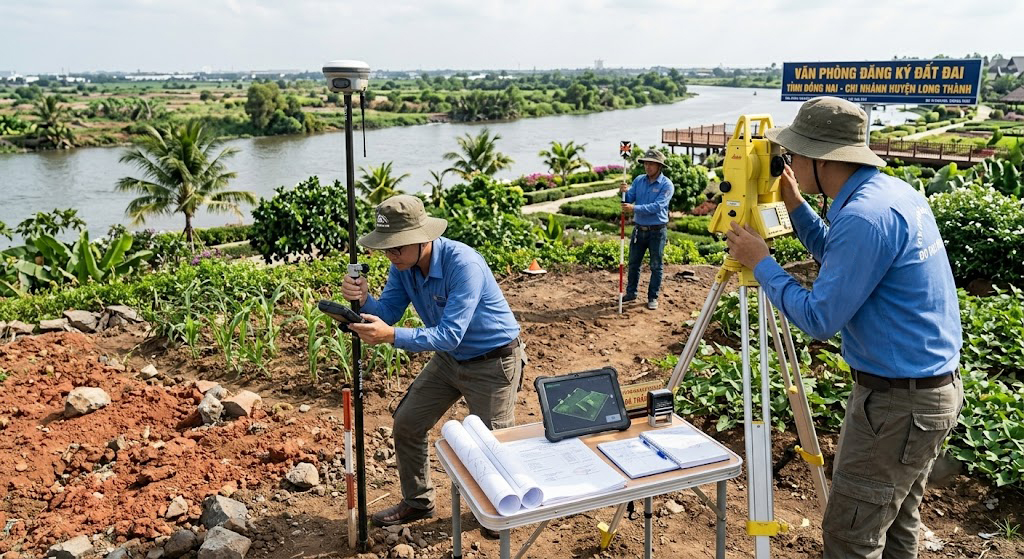 Đội kỹ sư trắc địa Đo Đạc Đồng Nai đang làm việc ngoài thực địa, sử dụng máy GPS RTK và máy toàn đạc điện tử, mặc đồng phục công ty, tại khu vực rẫy đất Long Thành hoặc Nhơn Trạch Đồng Nai