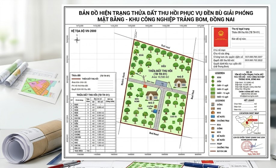 Bản đồ hiện trạng thửa đất thu hồi phục vụ đền bù giải phóng mặt bằng tại dự án khu công nghiệp huyện Trảng Bom Đồng Nai, thể hiện ranh giới thửa, vị trí nhà ở, cây trồng và công trình phụ trên nền hệ tọa độ VN-2000