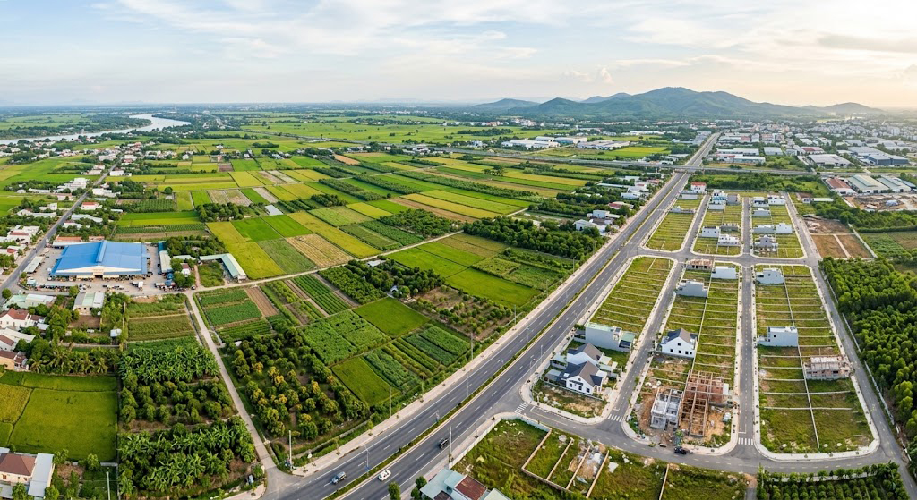 Toàn cảnh khu vực xã Tây Hòa huyện Trảng Bom nhìn từ trên cao, với các thửa đất nông nghiệp tiếp giáp khu dân cư đang hình thành dọc trục đường liên xã năm 2026