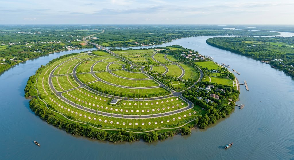 Toàn cảnh khu đất biệt thự ven sông tại đảo Đại Phước huyện Nhơn Trạch Đồng Nai nhìn từ trên cao bằng flycam, thể hiện rõ bờ sông, thảm cây xanh và các lô đất phân khu