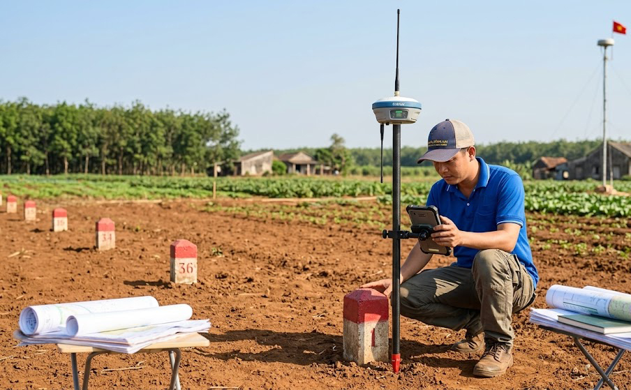 Kỹ sư trắc địa của Đo Đạc Đồng Nai đang sử dụng máy GPS RTK 2 tần số kết nối trạm CORS để đo ranh mốc thửa đất nông nghiệp tại Gia Tân 1, huyện Thống Nhất, Đồng Nai