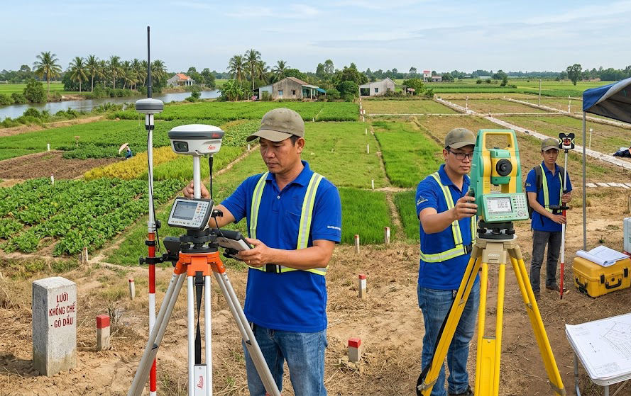 Đội kỹ sư Đo Đạc Tây Ninh triển khai thiết bị GNSS RTK Leica và máy toàn đạc điện tử Topcon thực hiện lưới khống chế tọa độ phục vụ đo đạc địa chính tách thửa đất sào tại huyện Gò Dầu, tỉnh Tây Ninh