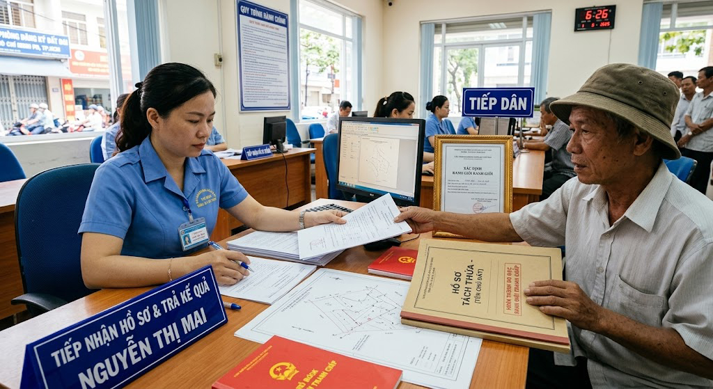 Cán bộ văn phòng đăng ký đất đai đang tiếp nhận hồ sơ tách thửa từ chủ đất sau khi hoàn thành đo đạc xác định ranh giới tranh chấp