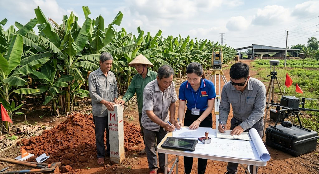 Cán bộ địa chính xã và kỹ sư trắc địa cùng hai chủ đất liền kề ký biên bản bàn giao mốc ranh giới tại thực địa vùng canh tác chuối xã Thanh Bình huyện Trảng Bom Đồng Nai