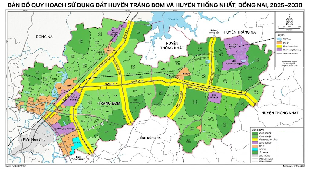 Bản đồ quy hoạch sử dụng đất huyện Trảng Bom và huyện Thống Nhất, Đồng Nai năm 2025–2030 với các vùng đất nông nghiệp được tô màu xanh lá và vùng hành lang hạ tầng tô màu vàng