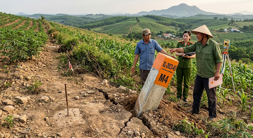 Cọc mốc ranh giới thửa đất nông nghiệp bị dịch chuyển sai vị trí trên vùng đồi dốc tại huyện Xuân Lộc Đồng Nai gây tranh chấp với chủ đất liền kề
