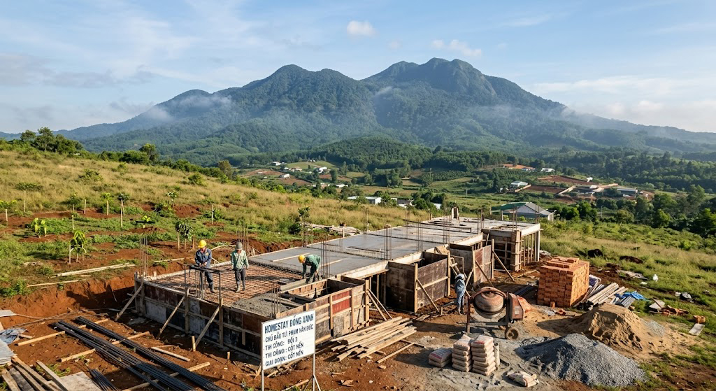Công trình homestay nhỏ đang trong giai đoạn xây dựng cốt nền trên sườn đồi thoai thoải tại khu vực gần núi Chứa Chan Xuân Lộc Đồng Nai, phía xa là đỉnh núi phủ cây xanh