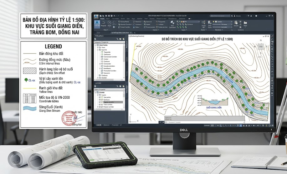 Bản đồ địa hình tỷ lệ 1:500 khu vực suối Giang Điền Trảng Bom thể hiện đường đồng mức 0.5m, hành lang bảo vệ bờ suối và vị trí cây xanh lớn trên phần mềm AutoCAD Civil 3D