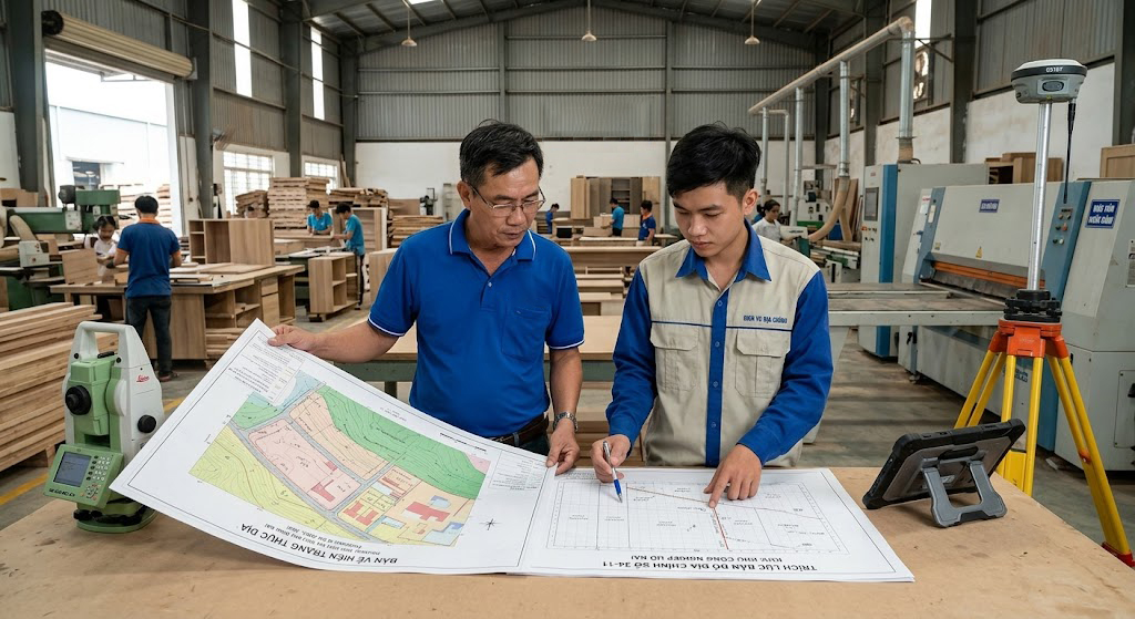 Kỹ sư trắc địa đang so sánh bản vẽ hiện trạng thực địa với trích lục bản đồ địa chính tại một nhà xưởng sản xuất ở khu công nghiệp nhỏ phường Hố Nai thành phố Biên Hòa Đồng Nai