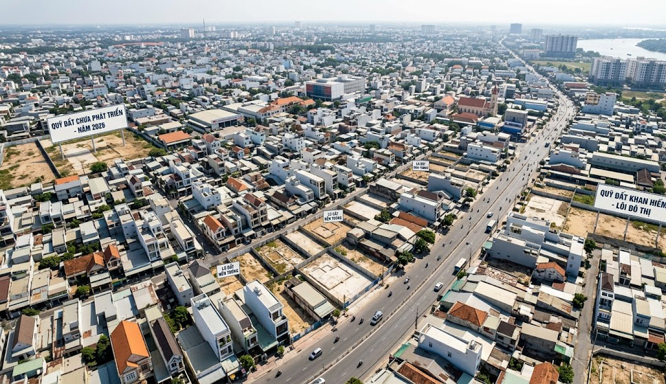 Toàn cảnh khu đô thị phường Quang Vinh TP. Biên Hòa Đồng Nai nhìn từ trên cao, các lô đất nền xen kẽ nhà phố dày đặc, minh họa quỹ đất khan hiếm đô thị lõi năm 2026