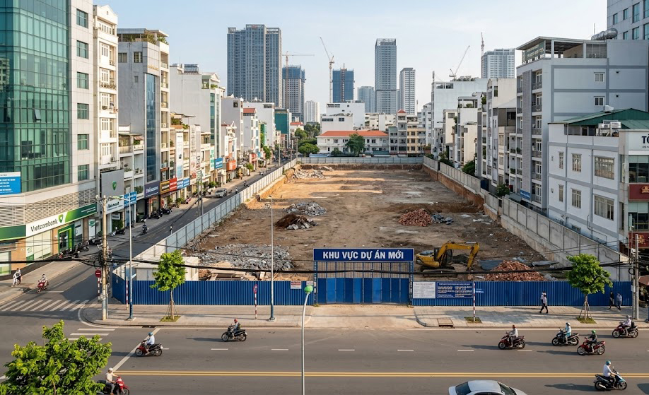 Một lô đất trống sau khi tháo dỡ các căn nhà nát liền kề tại khu vực trung tâm Quận 10 TP.HCM, xung quanh là các tòa nhà cao tầng đang hoạt động, sẵn sàng để xây dựng dự án mới