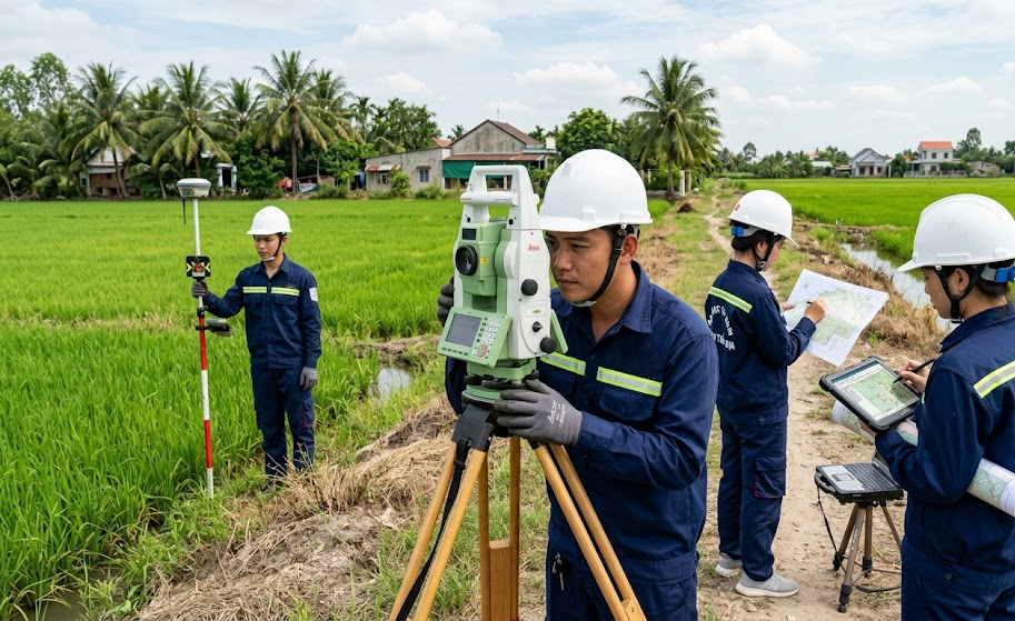 Đội kỹ sư trắc địa Đo Đạc TP Hồ Chí Minh đang thực hiện đo đạc kiểm đếm hiện trạng đất nông nghiệp tại huyện Củ Chi TP.HCM phục vụ chiến dịch rà soát dữ liệu địa chính 2026