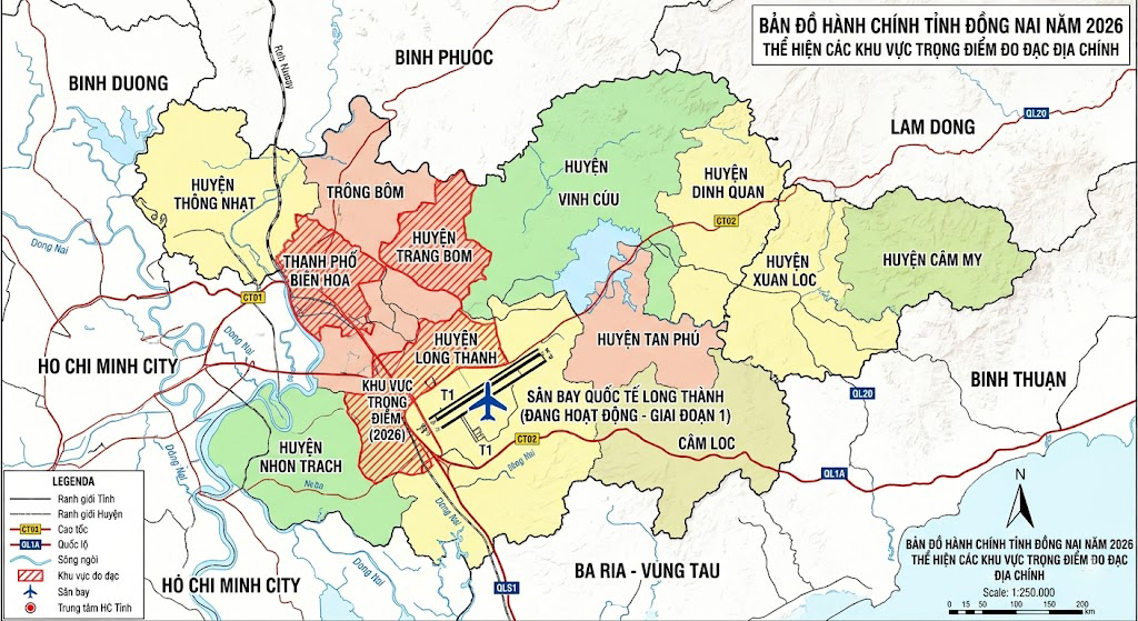 Bản đồ hành chính tỉnh Đồng Nai năm 2026 thể hiện các khu vực trọng điểm đo đạc địa chính gồm Biên Hòa Long Thành Nhơn Trạch Trảng Bom và vị trí sân bay quốc tế Long Thành