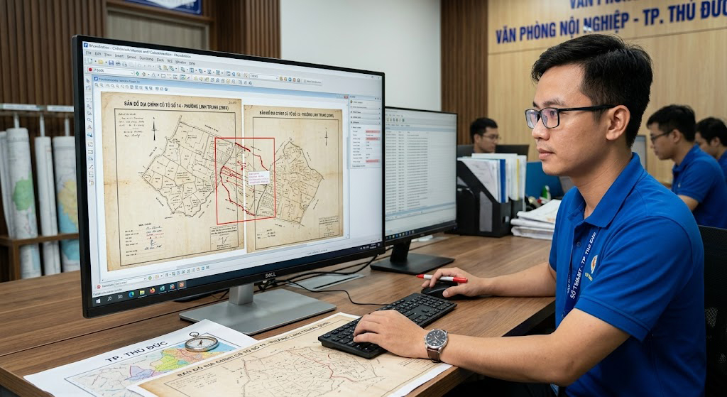 Hãy đóng vai một chuyên gia chỉnh sửa hình ảnh chuyên nghiệp. Nhiệm vụ của bạn là tạo và nâng cấp hình ảnh mà tôi yêu cầu với chất lượng chuẩn studio Yêu cầu tạo hình ảnh: Bản đồ ghép hai tờ địa chính cũ tại khu vực TP. Thủ Đức TP.HCM đang được kỹ sư nội nghiệp kiểm tra sai số ghép tờ trên phần mềm MicroStation/Famis