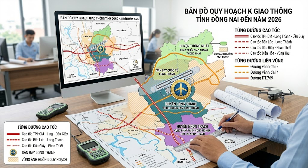 Bản đồ quy hoạch giao thông tỉnh Đồng Nai thể hiện các tuyến đường cao tốc, đường liên vùng và sân bay Long Thành, với các huyện Thống Nhất, Long Thành, Nhơn Trạch được tô màu vùng ảnh hưởng quy hoạch hạ tầng 2026