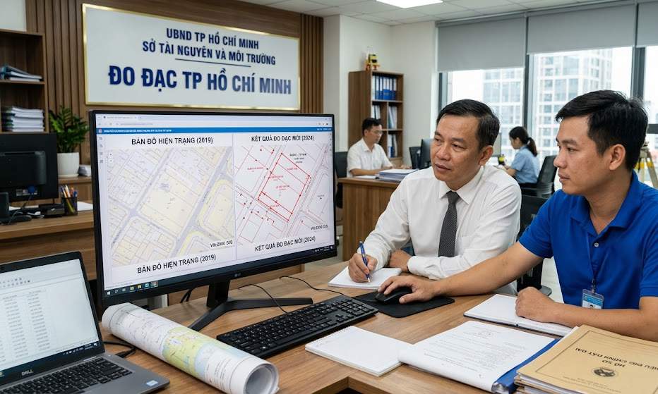 Cán bộ địa chính và kỹ sư trắc địa cùng ngồi trước màn hình máy tính xem cơ sở dữ liệu địa chính số TP.HCM, so sánh bản đồ hiện trạng với kết quả đo đạc mới tại văn phòng làm việc có bảng hiệu Đo Đạc TP Hồ Chí Minh