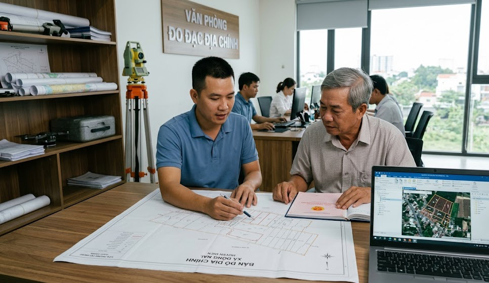 Chuyên gia trắc địa tư vấn trực tiếp cho chủ đất tại văn phòng công ty đo đạc Đồng Nai với bản đồ địa chính trên bàn và máy tính hiển thị phần mềm GIS
