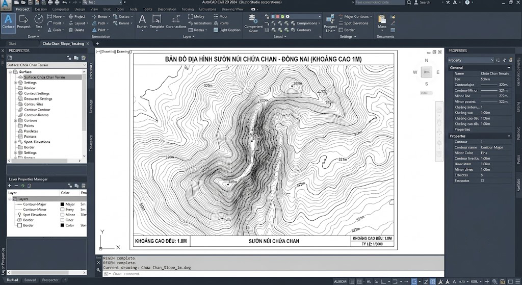 Màn hình phần mềm AutoCAD Civil 3D đang hiển thị bản đồ đường đồng mức địa hình dốc khu vực sườn núi Chứa Chan Đồng Nai với khoảng cao đều 1m, các đường đồng mức dày đặc tại vùng dốc đứng