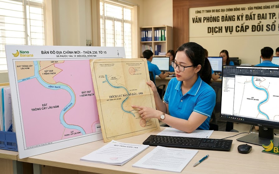 Bộ hồ sơ địa chính cấp đổi sổ đỏ cho thửa đất ven kênh rạch tại Đồng Nai gồm bản đồ địa chính mới đo đạc lại và trích lục bản đồ cũ đang được so sánh kiểm tra tại văn phòng
