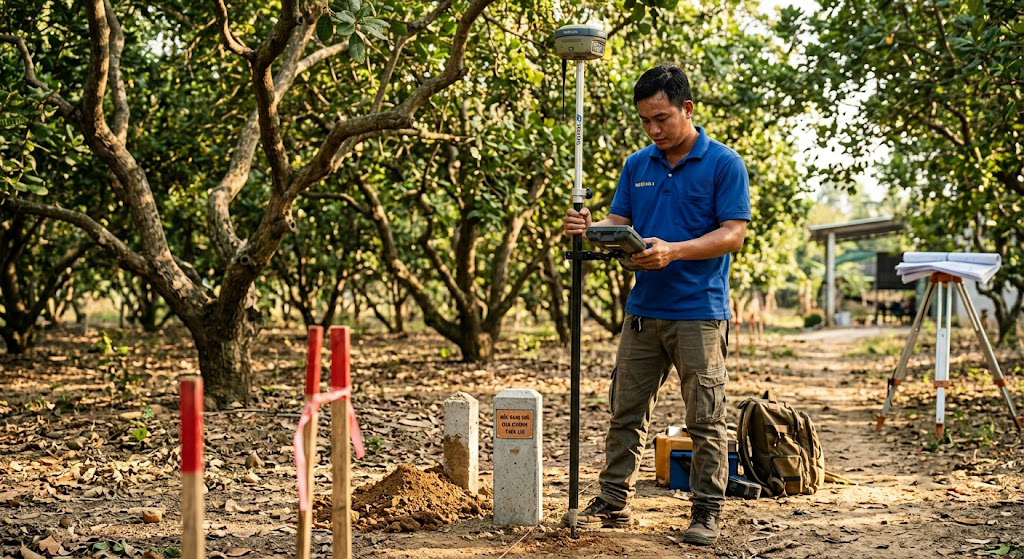 Kỹ sư trắc địa Đo Đạc Đồng Nai đang thao tác máy GNSS RTK cắm mốc ranh giới thực địa tại vườn điều huyện Trảng Bom Đồng Nai