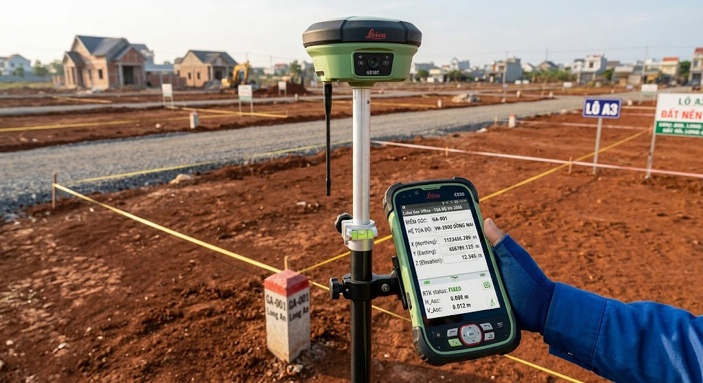 Thiết bị thu tín hiệu GNSS RTK hai tần số Leica GS18T gắn trên gậy đo chuyên dụng, đặt tại điểm góc thửa đất khu vực nền phân lô xã Long An huyện Long Thành Đồng Nai, với màn hình bộ điều khiển hiển thị tọa độ VN-2000