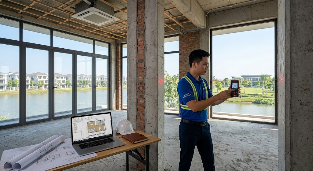 Kỹ sư đo đạc đang sử dụng máy đo khoảng cách laser Leica DISTO đo kích thước thông thủy bên trong phòng khách tầng trệt của căn biệt thự thô tại khu đô thị Aqua City Long Hưng Biên Hòa