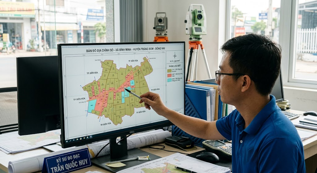 Bản đồ địa chính số khu vực xã Bình Minh huyện Trảng Bom hiển thị trên màn hình máy tính kỹ sư Đo Đạc Đồng Nai với các thửa đất nông nghiệp được đánh dấu phân loại theo màu sắc CLN, ONT, HNK