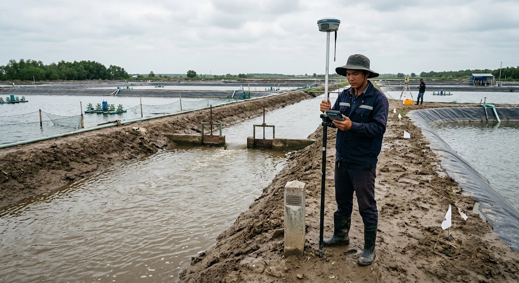 Kỹ sư trắc địa của Đo Đạc Đồng Nai đang đứng trên bờ kênh dẫn nước ao nuôi tôm tại Nhơn Trạch, sử dụng máy thu GPS RTK hai tần số kết nối trạm CORS Đồng Nai để đo tọa độ mốc ranh giới thửa đất thủy sản