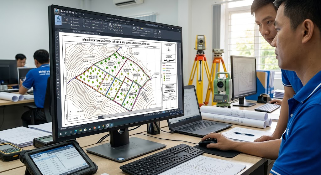 Màn hình phần mềm AutoCAD Civil 3D thể hiện bản đồ hiện trạng đất vườn trái cây tại phường Bảo Quang Long Khánh Đồng Nai với đường đồng mức và ranh giới thửa đất