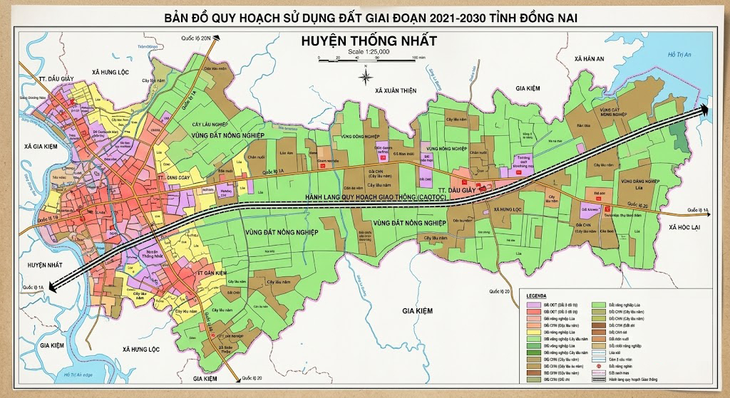 Bản đồ quy hoạch sử dụng đất tỷ lệ 1:25000 của tỉnh Đồng Nai giai đoạn 2021-2030 hiển thị hành lang quy hoạch tuyến đường và vùng đất nông nghiệp lân cận tại huyện Thống Nhất