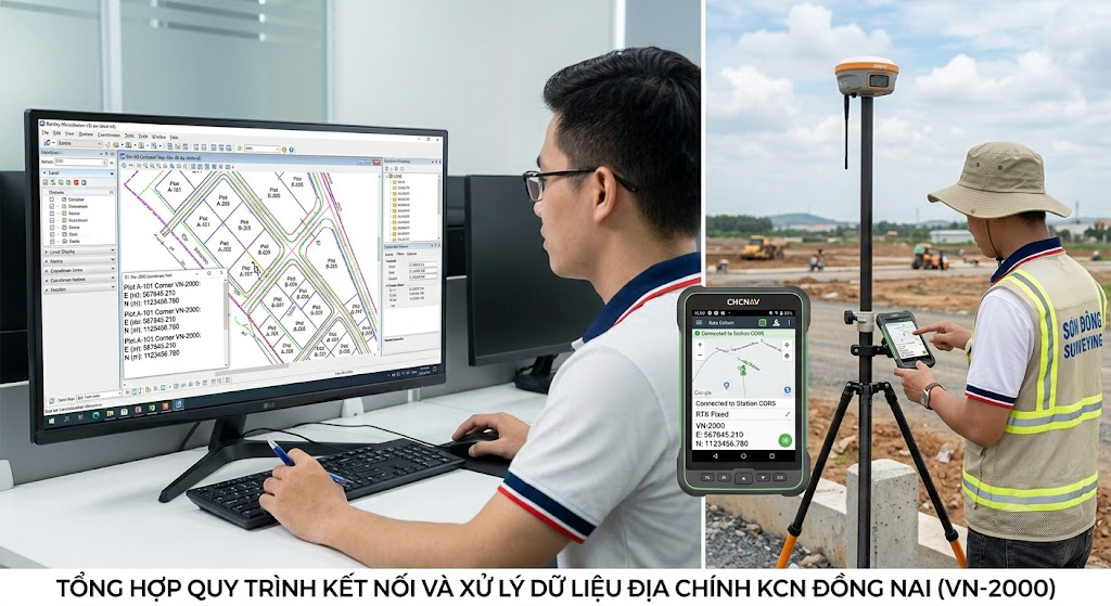 Bản đồ địa chính số lô đất khu công nghiệp hiển thị tọa độ VN-2000 trên màn hình phần mềm MicroStation, bên cạnh là thiết bị GPS RTK đang kết nối trạm CORS ngoài thực địa tại Đồng Nai