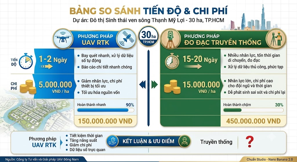 Bảng so sánh tiến độ và chi phí giữa phương pháp UAV RTK và đo đạc truyền thống cho dự án bất động sản 30 hecta tại TP.HCM, được trình bày dạng infographic rõ ràng